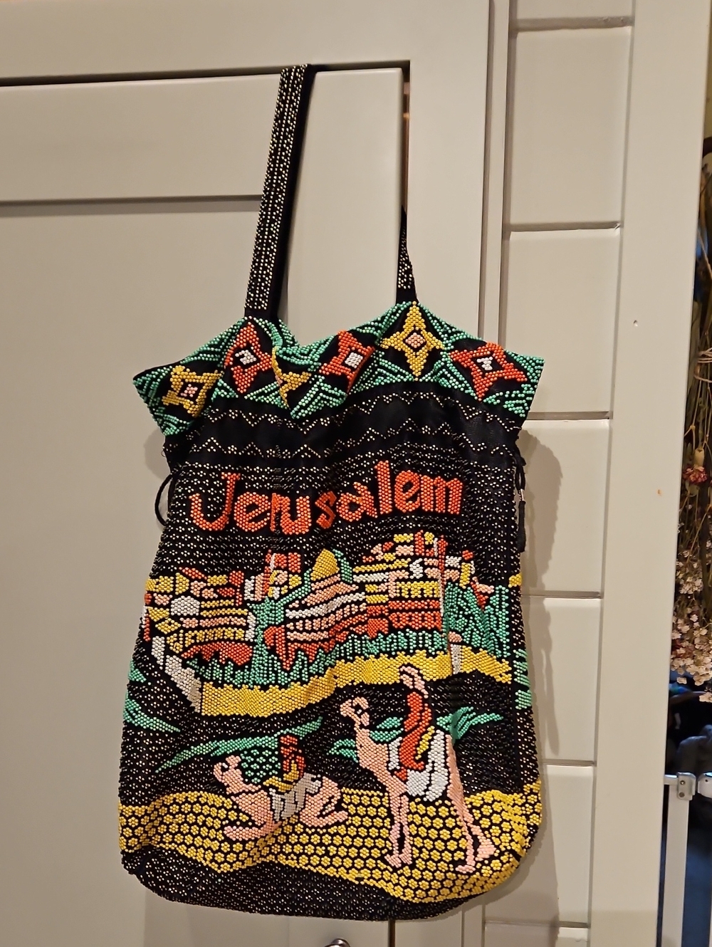 Vintage Jerusalem Beaded Multi-Color Tote With Drawstring